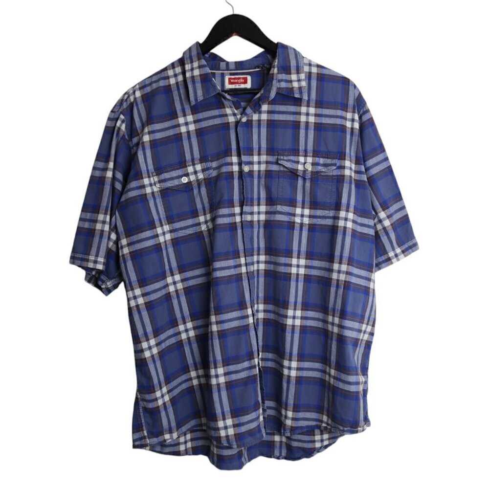 Wrangler Mens Blue Plaid Short Sleeve Button Down Shirt 2XL Casual Cotton Tops